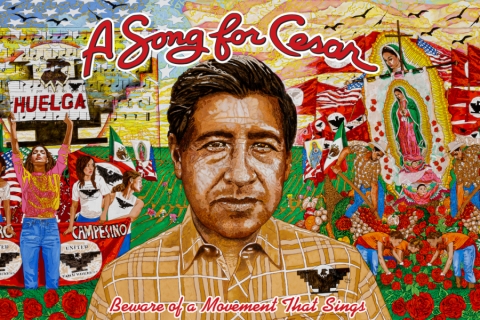 Colorful Chicano-inspired art including the words "A Song for Cesar"